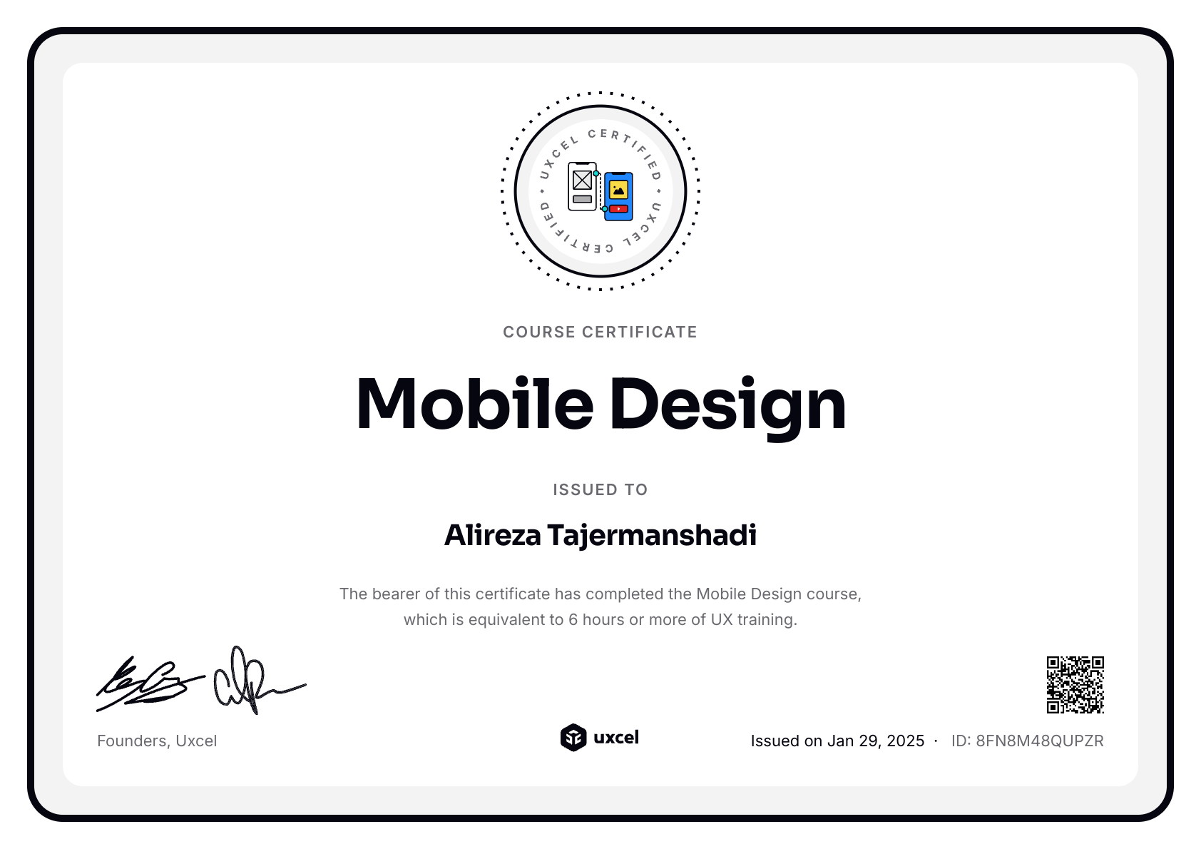 Alireza Tajermanshadi's certificate